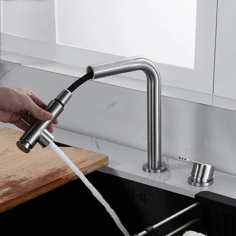 Robinet d’Évier Escamotable en Acier Inoxydable – Double Trou et Levage Caché