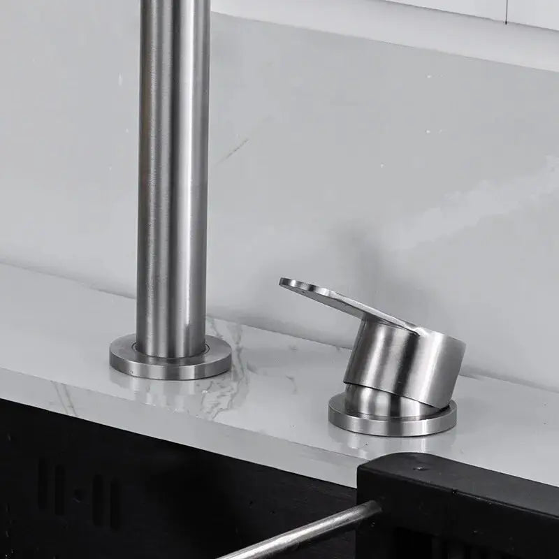Robinet d’Évier Escamotable en Acier Inoxydable – Double Trou et Levage Caché